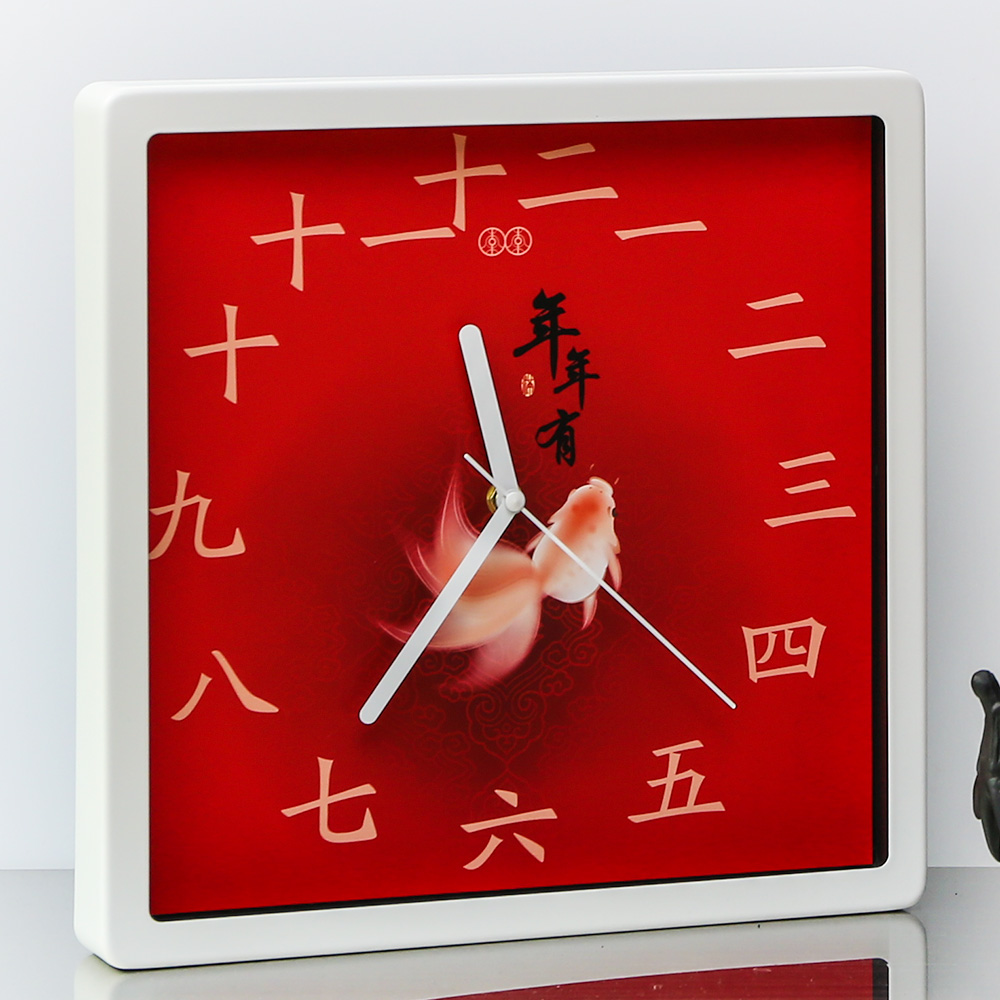 New art Wall clock Table clock Square Chinese style Chinese style koi goldfish creative Bedroom Living room Silent quartz clock