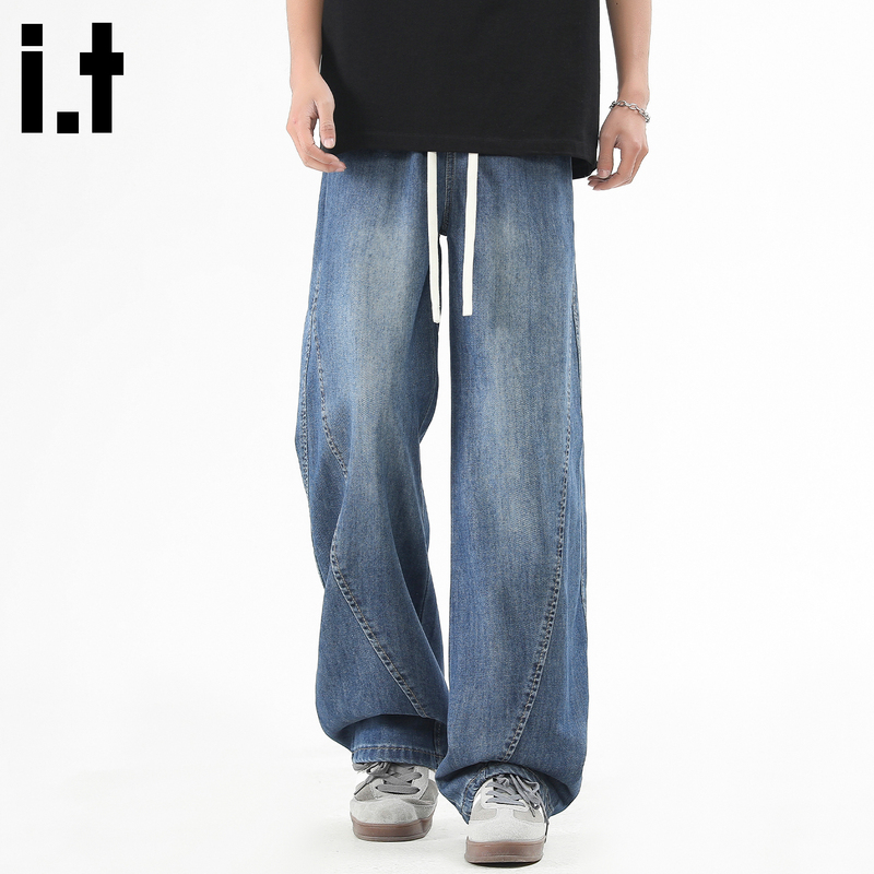 It:Chocoolate Retro Patchwork Washed Jeans for Men 2026 Summer Loose American Style Trendy Straight Pants