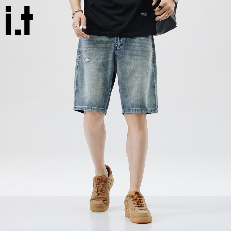It: Chocoolate Ripped Washed Denim Shorts for Men 2026 Summer American Style Loose Straight Five-Point Shorts