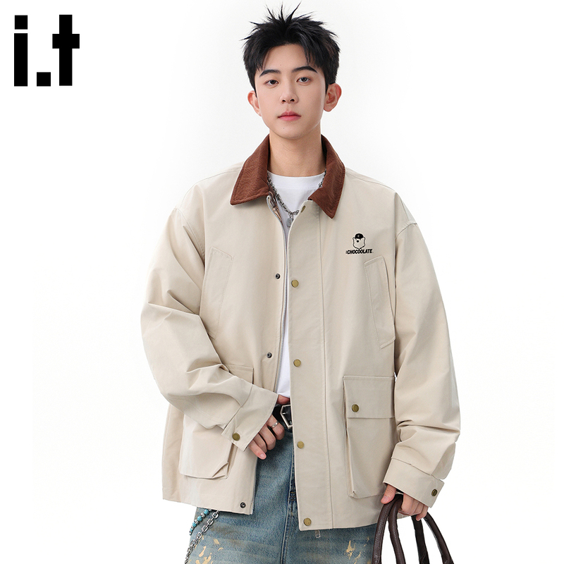 It:Chocoolate Casual American Workwear Windproof Jacket for Men, Autumn Vintage Trendy Brand Turn-Down Collar Jacket for Men