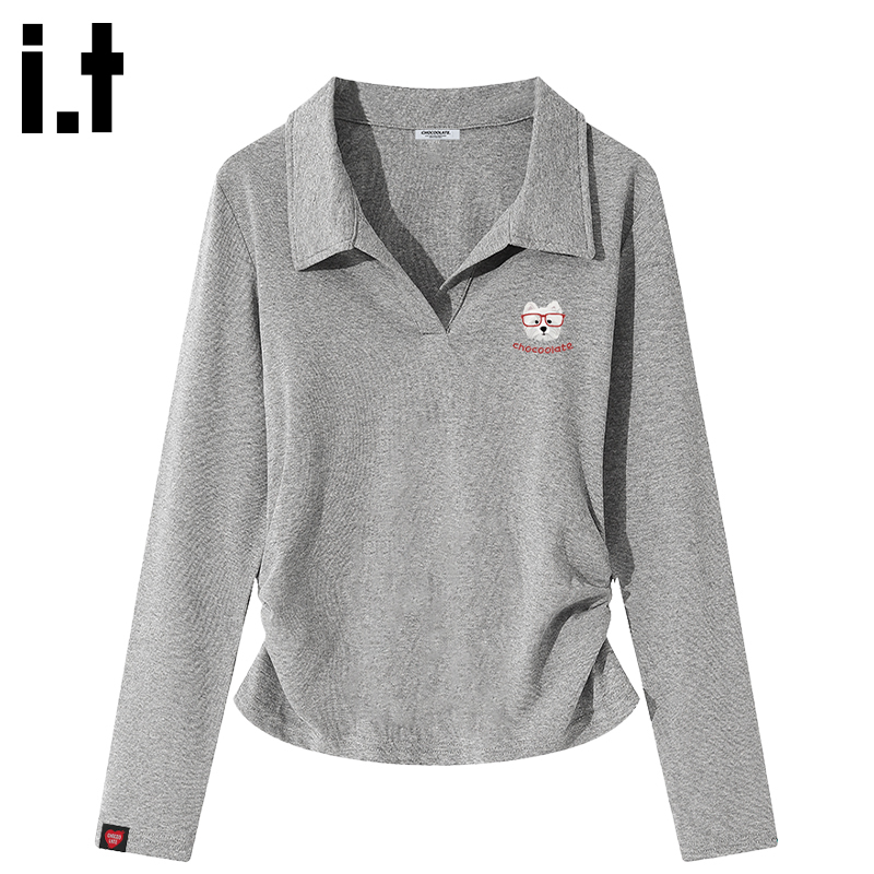 It: Chocoolate Lazy-Style Gray Casual Regular Shoulder Slim-Fit Top for Women 2026 Printed Long-Sleeve T-Shirt