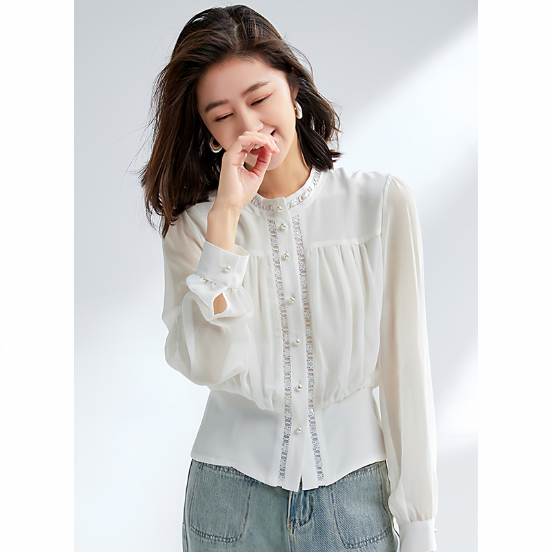 26-Year Spring/Summer Short Silk White Shirt for Women, French Style, Elegant, 100% Mulberry Silk with Lace Splicing Top