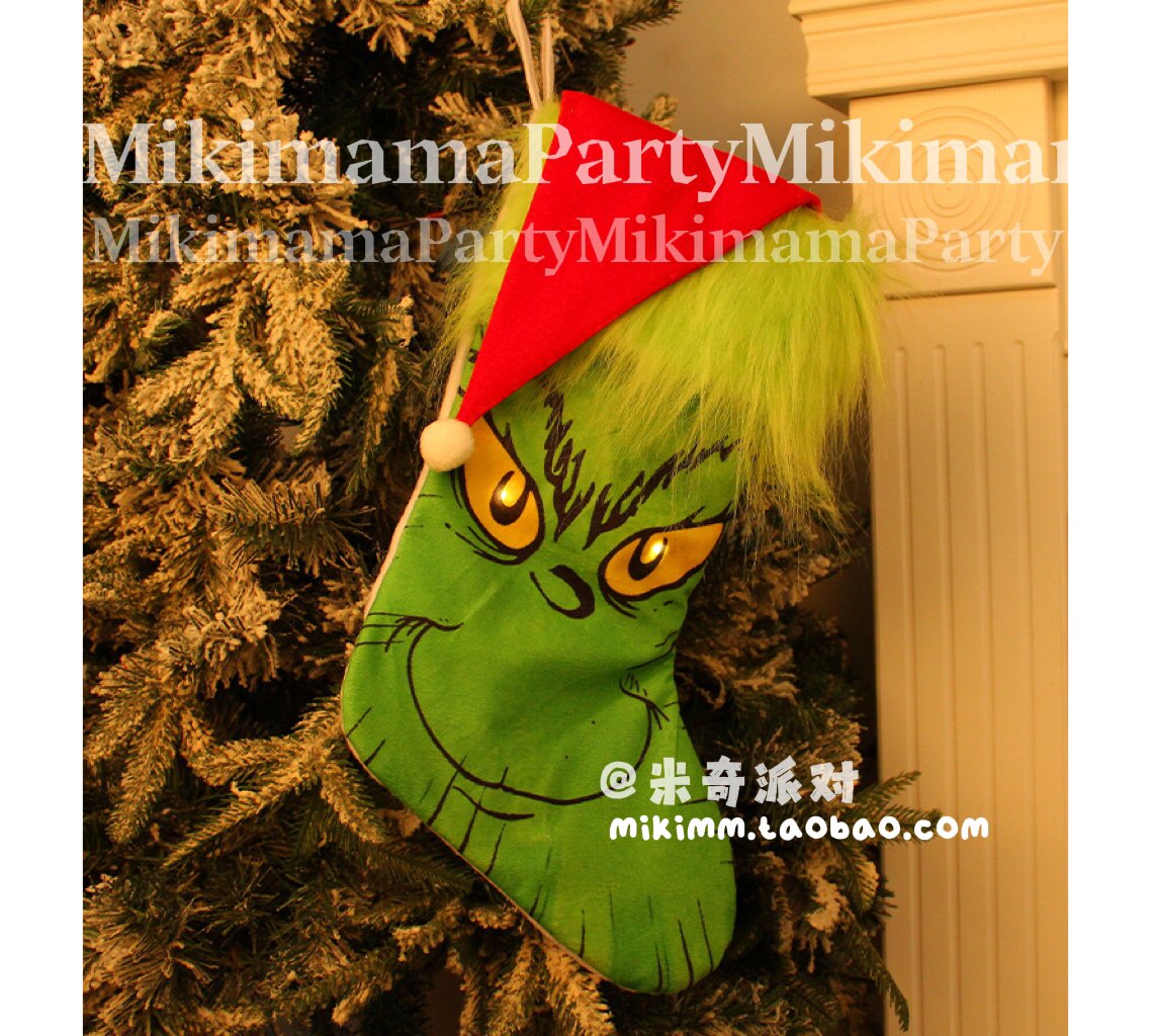 Christmas Holiday Decorative Socks Grinch Green Hairy Monster Luminous Socks Candy Bag Pendant Gift Bag