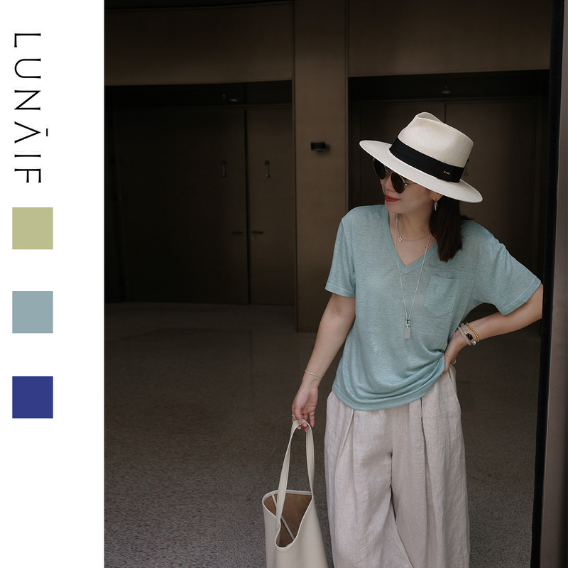 Lunaif/Summer Color Palette High-Quality Japanese Imported Belgian Linen Yarn-Dyed Loose V-Neck T-Shirt