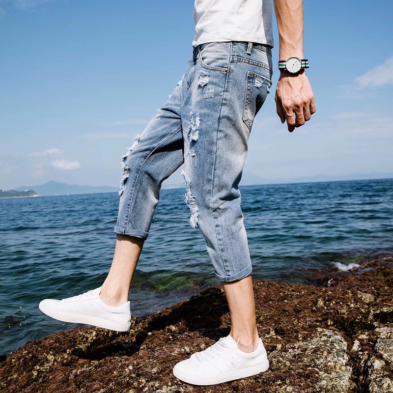 Three-Point Ripped Jeans for Boys Summer Thin Korean Style Slim-Fitting Shorts Trendy Casual 7-Point Medium Pants
