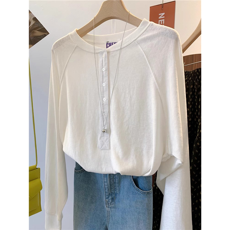 Autumn Women's Snowflake Cotton Front-Button Loose White T-Shirt, Artistic Retro Simple Women's Loose Long-Sleeved Top