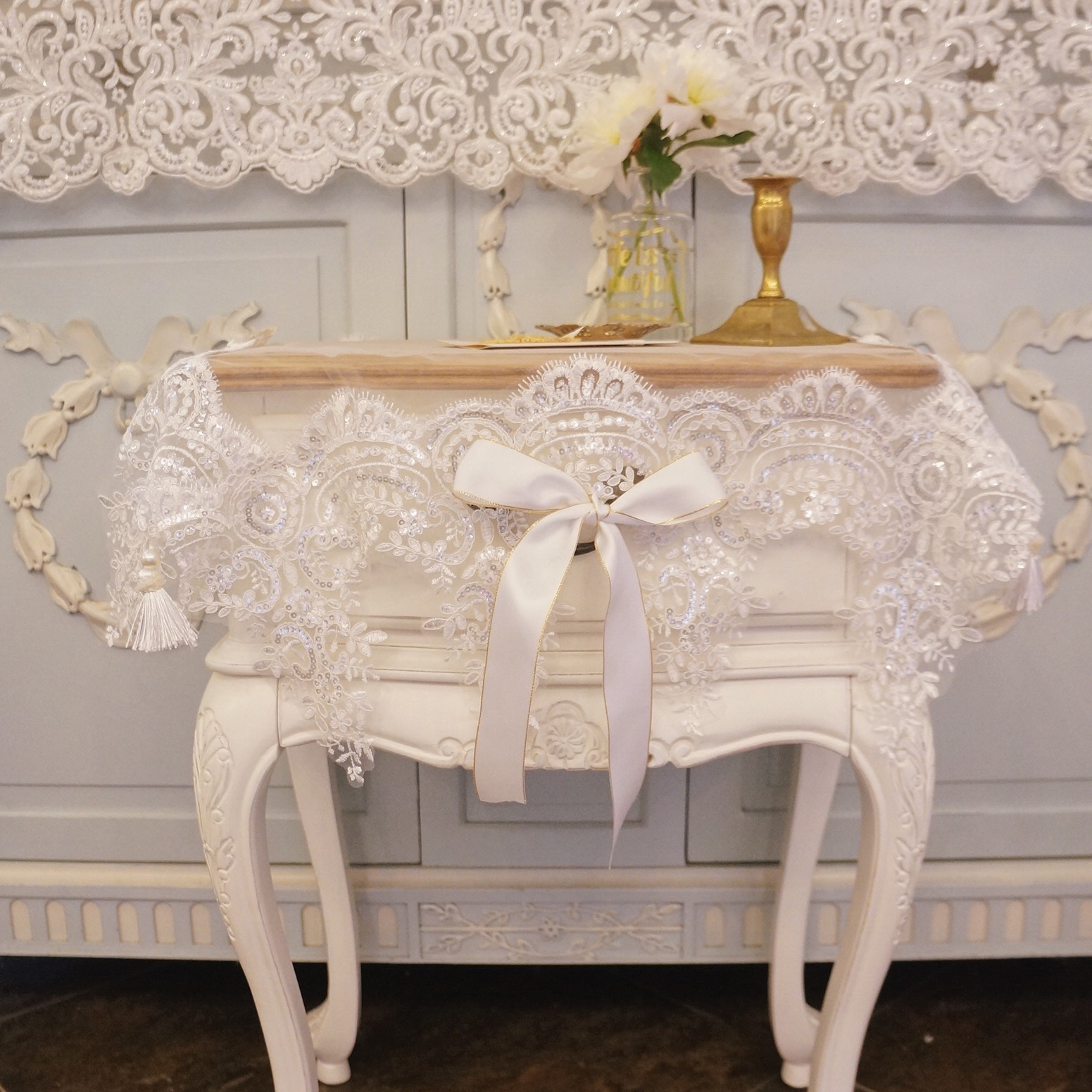 LACESHABB sequin French lace yarn white bed head cabinet retro anti-dust multipurpose table cloth table flag cover towel-Taobao