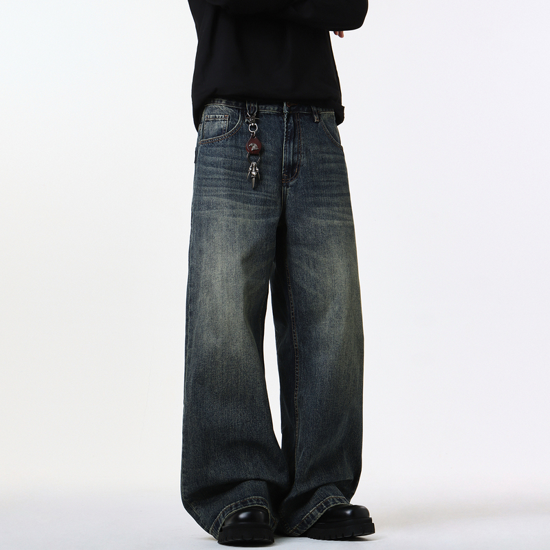 Aganonmem American-Style Cleanfit High-End Blue-Gray Washed Jeans for Men, Loose and Drapey A-Line Straight Pants