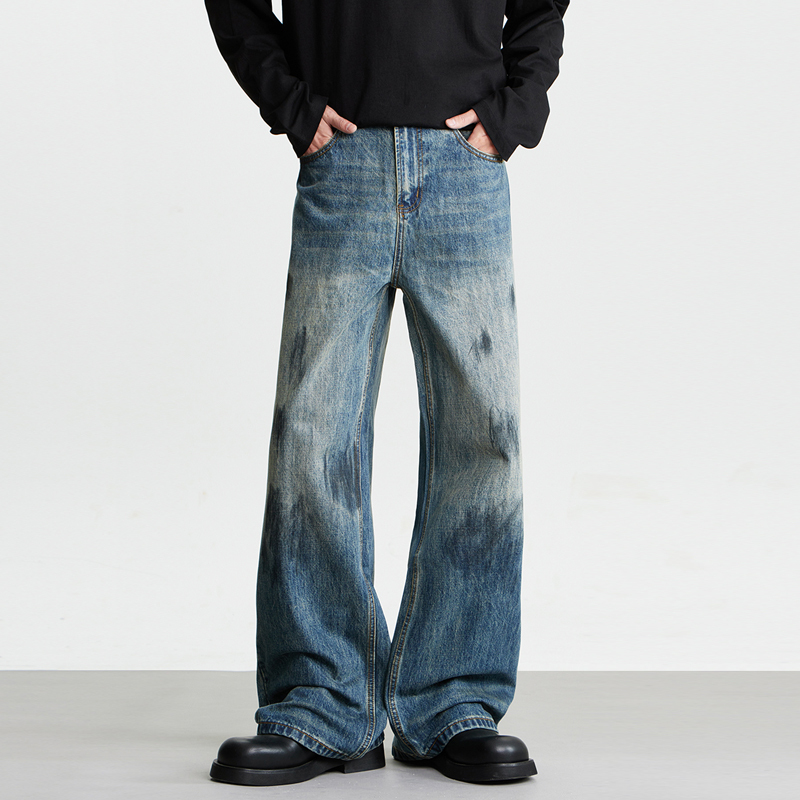 Aganonmem American Retro Graffiti Dirty Jeans Men's Heavy Wide-Leg Distressed Straight Pants High Street Fashion Brand