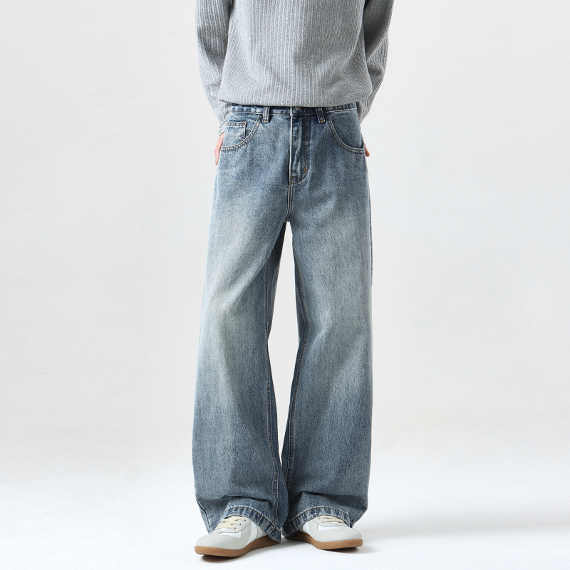 Aganonmem American Retro Washed Jeans for Men, Loose Straight-Leg Wide-Leg Design Pants, New A-Line Style