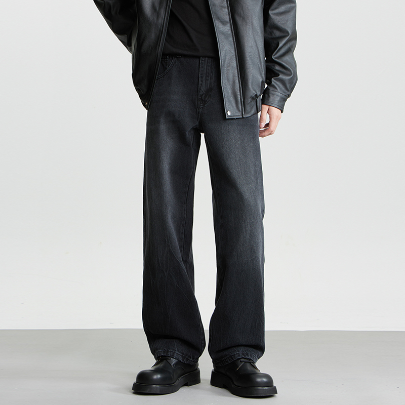 Aganonmem Black Wide-Leg Straight Jeans for Men, Spring and Autumn American High Street Style, Washed Loose Fit Commuter Pants