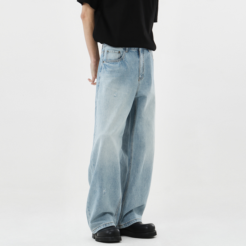 Aganonmem American Retro Comfortable Light Blue Jeans Loose Fit Faded Casual Wide-Leg Pure Cotton Relaxed Feel Aganonmem American Retro Comfortable Light Blue Jeans Loose Fit Faded Casual Wide-Leg Pure Cotton Relaxed Feel