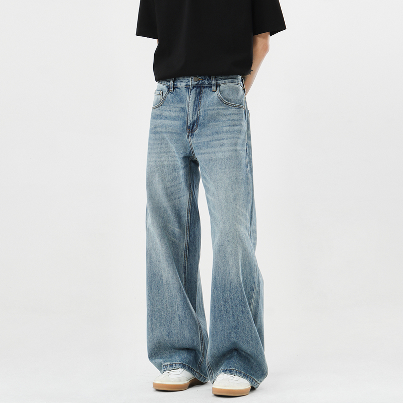 Aganonmem Bamboo Texture Distressed Washed Vintage Whiskered Straight-Leg Denim Pants Unisex A-Line Loose High Street