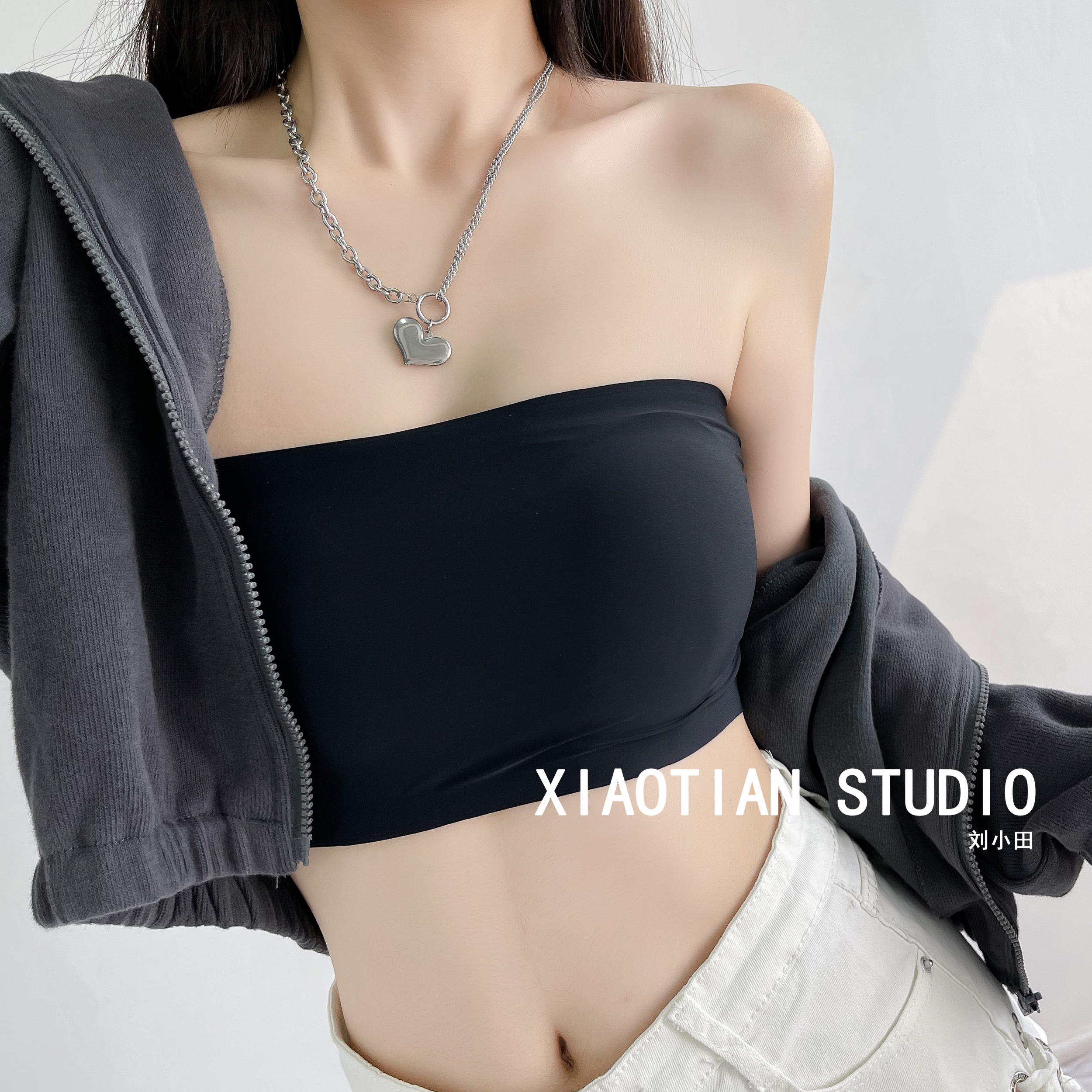 Strapless anti-slip anti-light tube top underwear with chest pad ice silk bra wrapped chest top inner and outer wear beautiful back summer