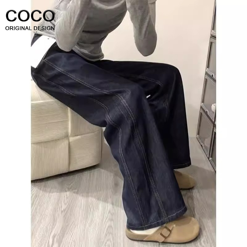 American-Style Dark Blue Fleece-Lined Straight-Leg Jeans for Women, 2026 Autumn and Winter New High-Waisted Loose Casual Wide-Leg Pants