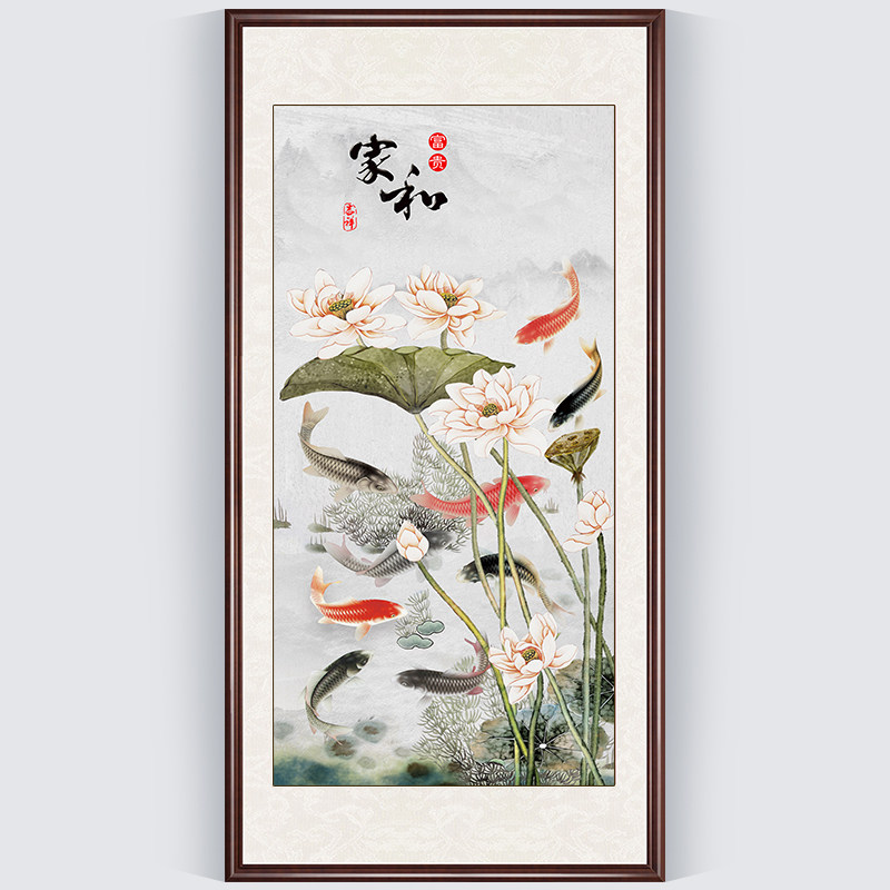 Home and Masterpiece Cross embroidered line embroidered 2022 new Xuanguan Vertical version Living room Nine Fish Tuho Flower itself embroidered 2021