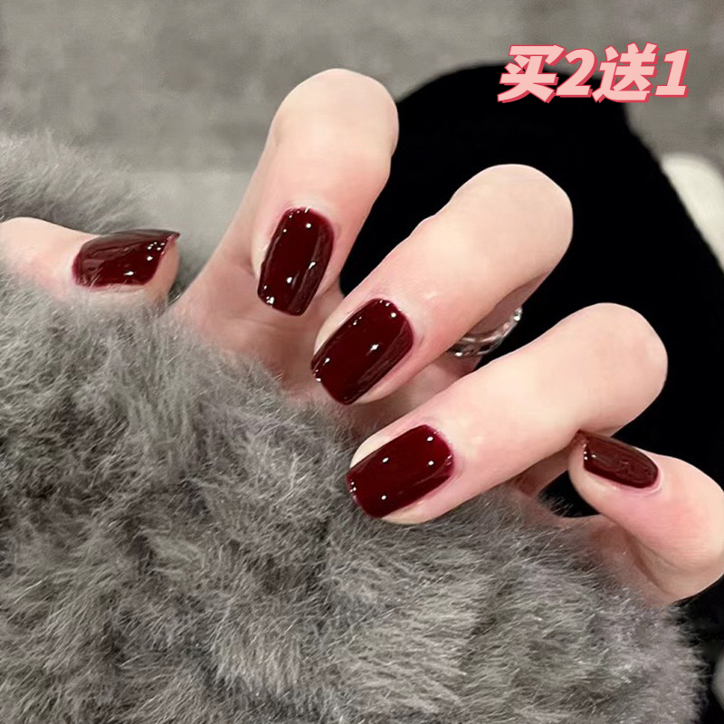 Wearable Short Fake Nails in Burgundy Solid Color, Simple and Elegant, Cherry Color Fake Nail Patches, Finished Nail Art