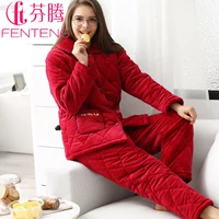Bộ đồ ngủ nữ đệm Fen Teng chính hãng phù hợp với mùa đông Beibei nhung ba lớp áo khoác cotton ấm áp 2018 bộ đồ mặc nhà mùa hè cao cấp