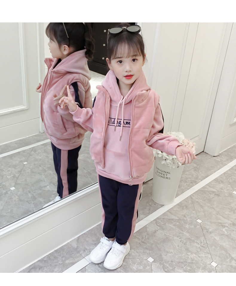 Bộ đồ bé gái 6 mùa đông 2018 mới to trẻ em nhung vàng dày hai mảnh set đồ 8 bé gái áo len thể thao mười tuổi bộ nỉ bông cho bé