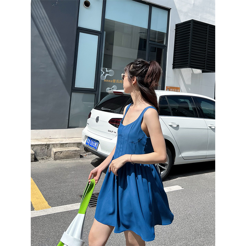 Sansansi Korean Style Small Character Summer New Age-Reducing High-Waist Suspender A-Line Skirt Klein Blue Dress