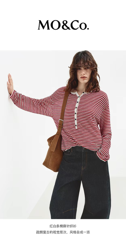 Moco Knitwear 2026 Spring New Cotton Linen Slub Yarn Striped Loose Half-Open Front Cardigan Mbf1Swt059