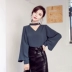 Xuân 2019 mới của phụ nữ phong cách Hàn Quốc thanh lịch cổ chữ V rỗng 2 ngọc trai tay áo dài tay áo sơ mi voan - Cộng với kích thước quần áo Cộng với kích thước quần áo