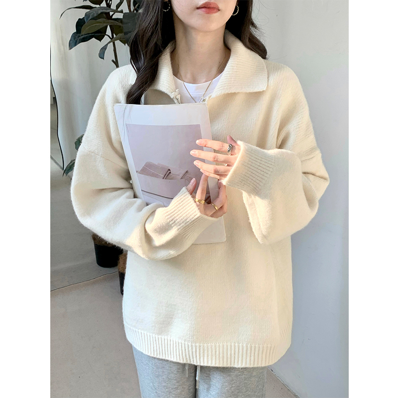 Korean-Style Off-White Half-Zip Lapel Sweater for Women, New Autumn and Winter Loose and Lazy Style Versatile Knit Top, Thick