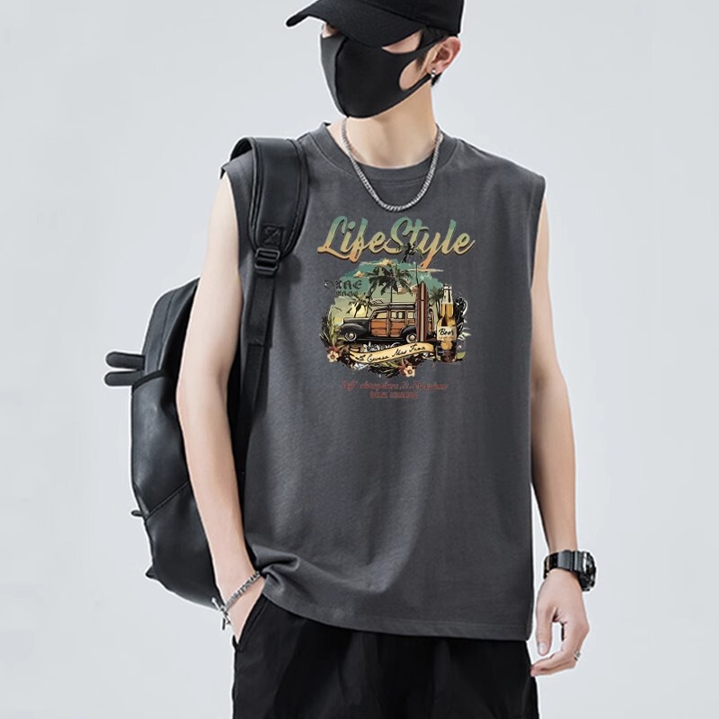 Hong Kong Style American Retro Trendy Brand Heavyweight 100% Pure Cotton Vest Men's Sleeveless T-Shirt Summer Trendy Cool and Handsome ins