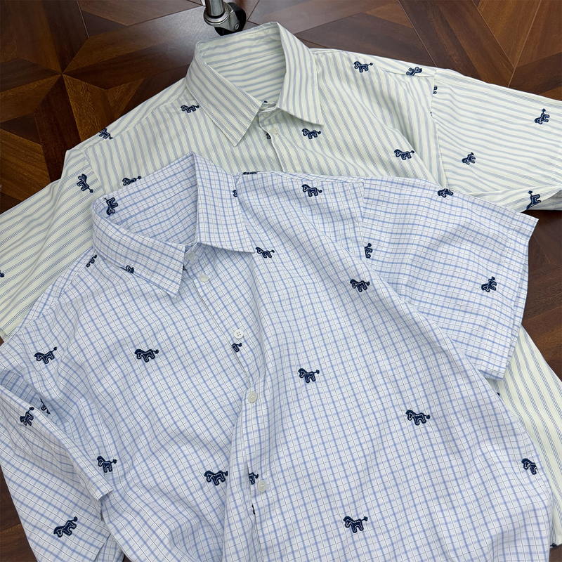 Curpopp Original Korean Design Striped Embroidered Small Size Shirt Short-Sleeved Men's Summer Couple Niche Shirt