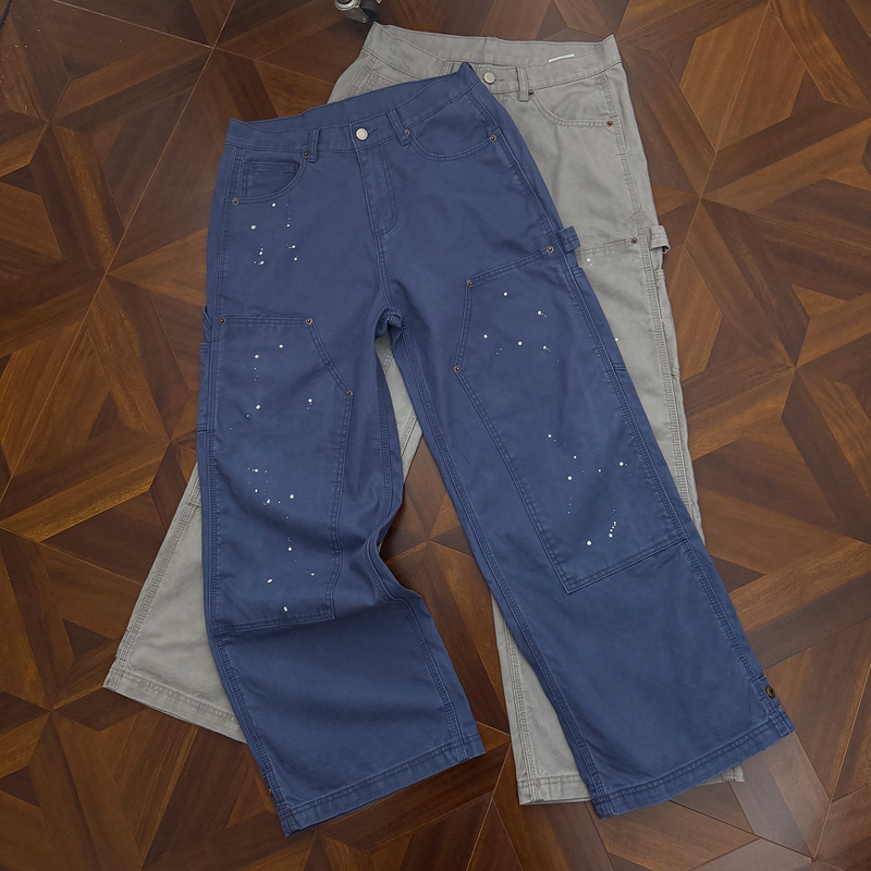 Curpopp Splash-Ink Double-Knee Work Pants for Men, Straight-Leg Cleanfit Heavy Wash Blue Distressed Lumberjack Work Pants