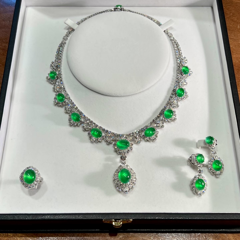 Imperial Green Cabochon Jade Pendant, Glass-Type Natural Burmese A-Grade High-End Zhengyang Green Ring, Earrings, Necklace