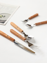 Japan imported retro stainless steel dark wooden handle ins Wind Western coffee spoon fruit fork steak knife set