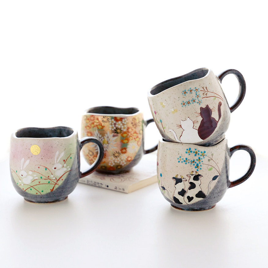 Japan imported Kutani-yaki retro ceramic heat-resistant coffee mug hand-painted cat rabbit gold leaf Japanese tea cup