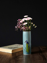 Japan imported nine Valley burning flowers and birds hand painted hipster straight tube ceramic vase flower desktop home flower arrangement