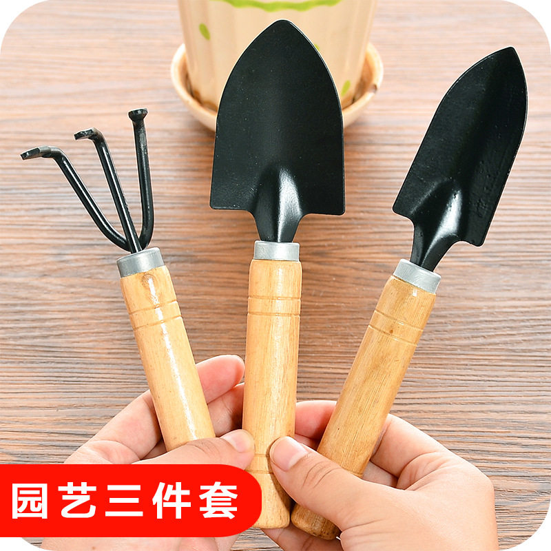园艺工具三件套家用加厚木柄种植多肉小铁铲锹耙盆栽翻土小铲子