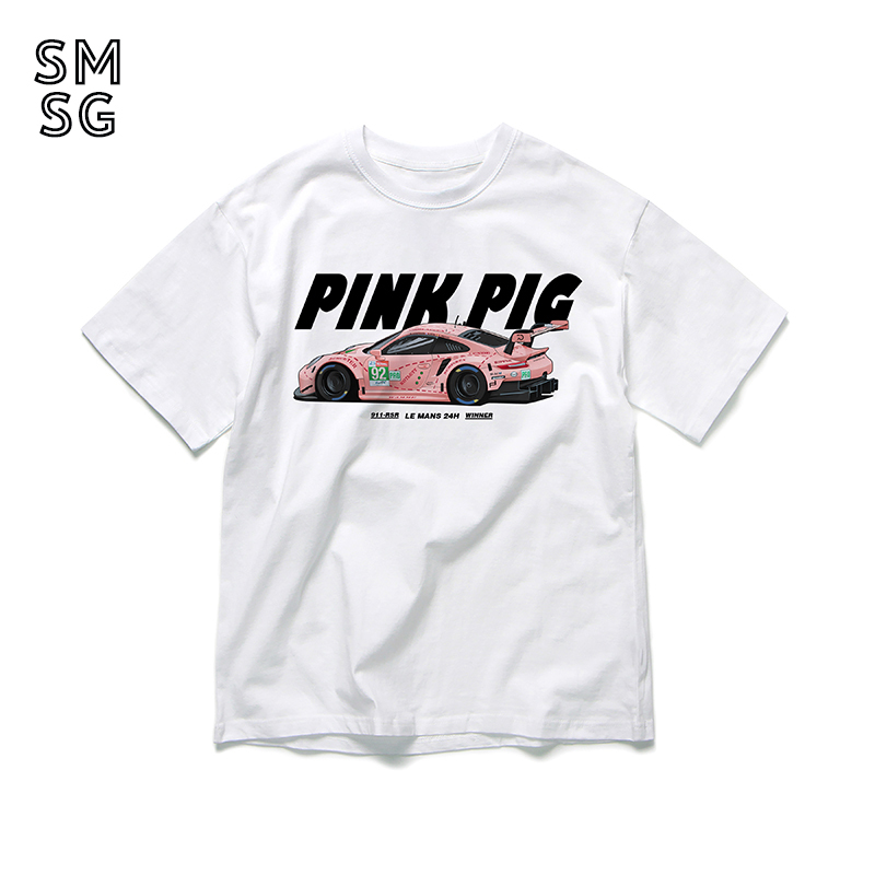 Porsche Pink Pig Modified Car T-Shirt Rwb Racing Classic Emotion Men's Heavyweight Pure Cotton Trendy Short Sleeve