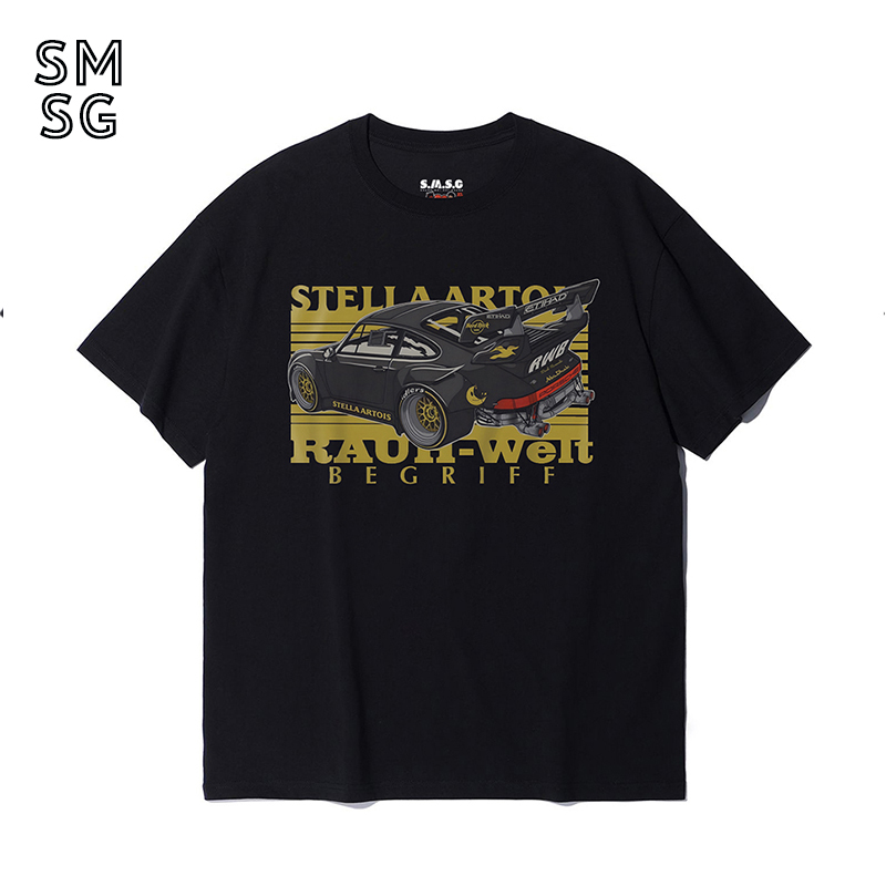Porsche Short-Sleeved Shirt Rwb911 Modified Car Culture Racing Men's Casual Heavyweight Pure Cotton Loose Men's T-Shirt
