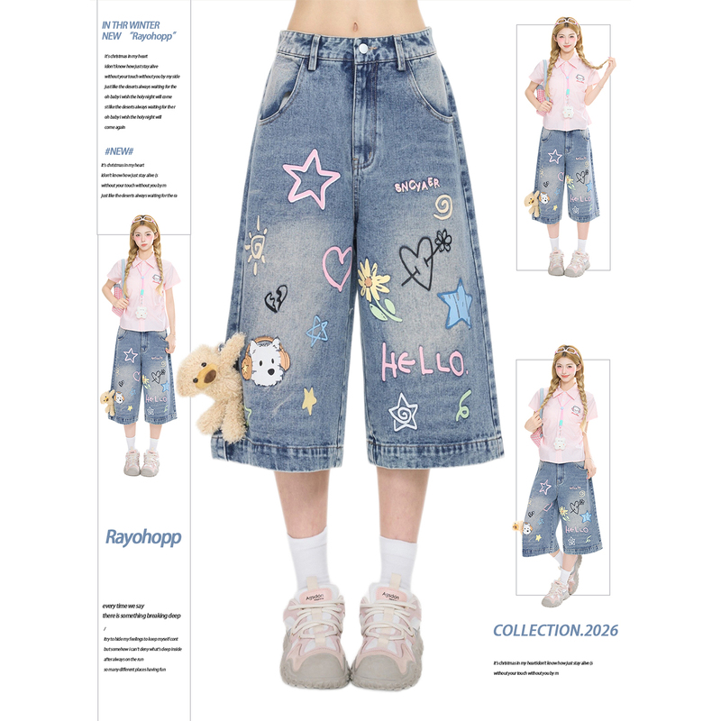 Rayohopp Retro Distressed Cartoon Graffiti Three-Dimensional Doll Capri Pants Women's Summer New Wide-Leg Straight Shorts