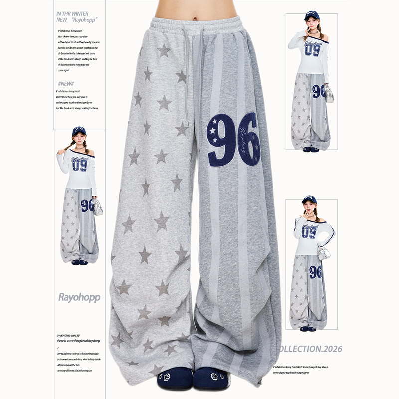 Rayohopp American-Style Star-Print Casual Pants for Women, Elastic, Loose, Slimming, Wide-Leg Pants ins Trendy Versatile Long Pants