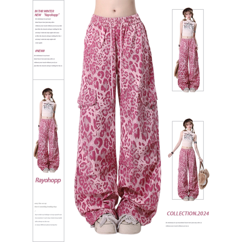 Rayohopp Pink Leopard Print Casual Pants for Women, New Spring American Style Pocket Decoration Jazz Dance Straight-Leg Cargo Pants Rayohopp Pink Leopard Print Casual Pants for Women, New Spring American Style Pocket Decoration Jazz Dance Straight-Leg Cargo Pants