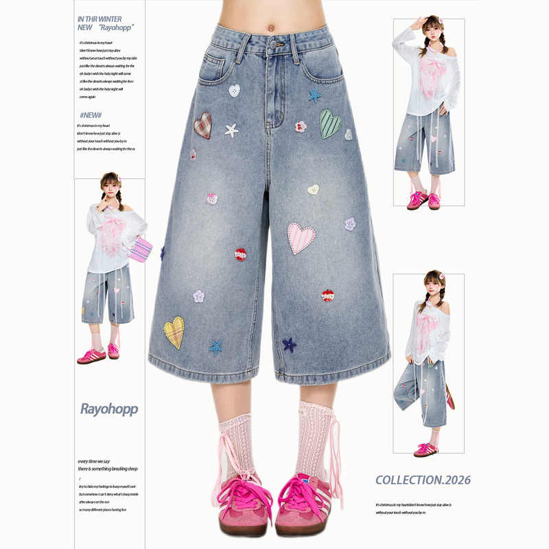 Rayohopp Star Heart Patch Cropped Denim Shorts for Women, Loose Fit, Slimming, Stylish Wide-Leg Versatile Shorts