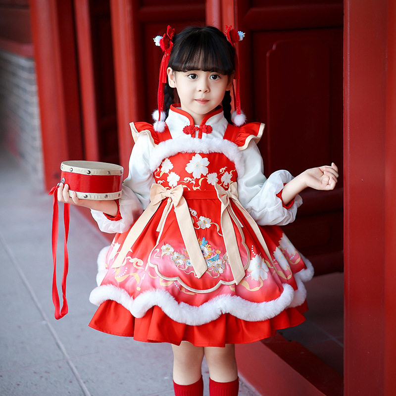 Winter girl's year Han wear thickened Children's Loretta Princess Liandress with dress gushed with velvety old wind braces skirt New Year's suit-Taobao