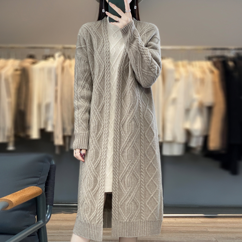 High-End 100% Pure Wool Cardigan for Women, Mid-Length Cashmere Knitted Coat, New Thickened Sweater Jacket for Autumn and Winter
