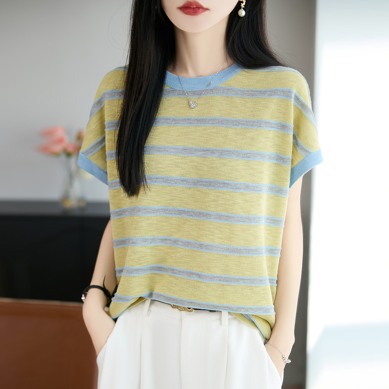 Bamboo Knit Short-Sleeve Round-Neck Summer New Pullover Loose Striped Color-Blocked Thin Top for Women