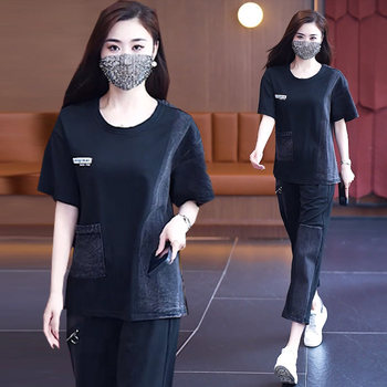 Summer trend fashion other suits for women 2025 new fat mm loose spliced denim short-sleeved pants two-piece set