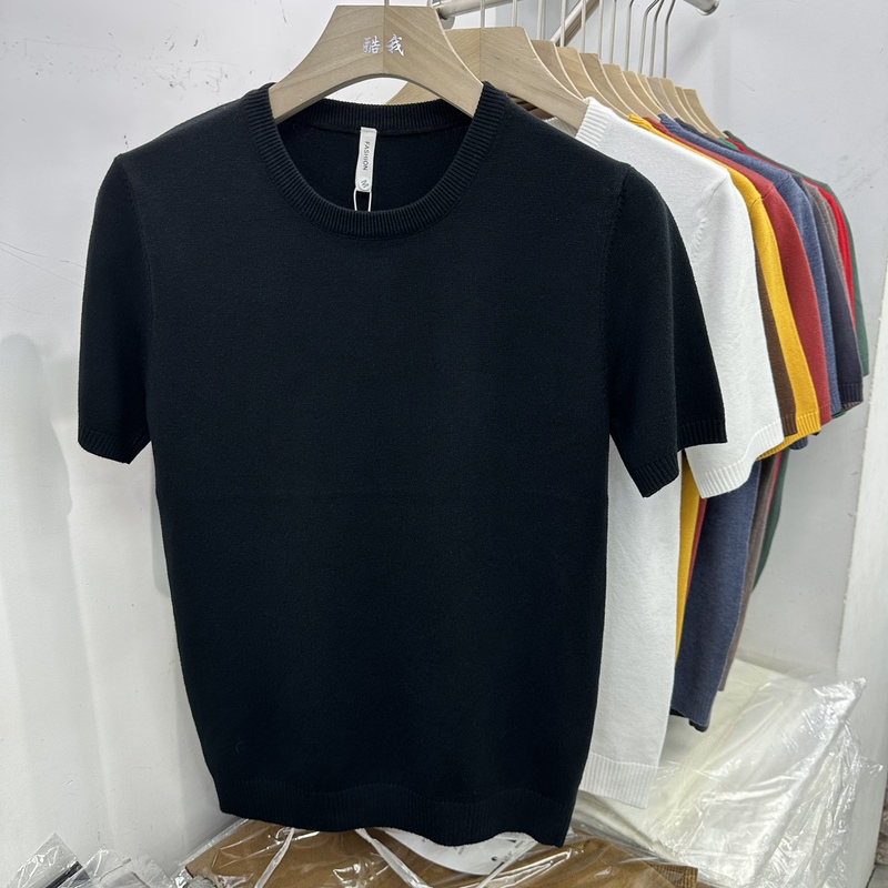 2026 Men's Autumn Round Neck Pullover Versatile Sweater Slim Fit Solid Color Knitted Shirt Base Layer Short Sleeve