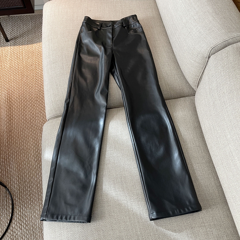 Young Lady [Girl Group Legs] Versatile Black Pu Leather Casual Slimming Long Pants Loose Straight-Leg Leather Pants for Women