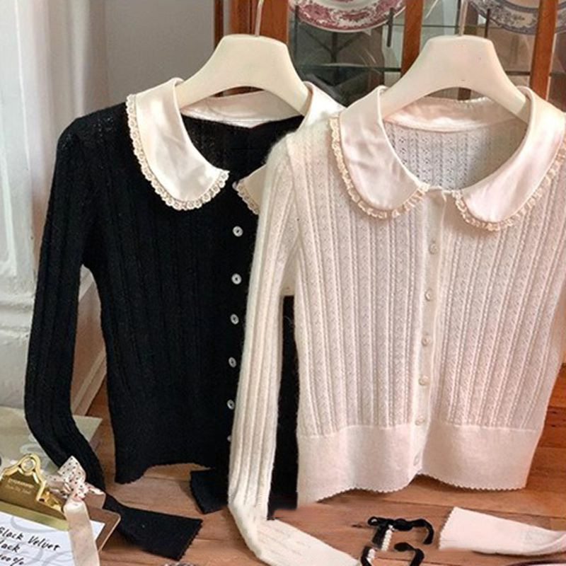 "Black Amber Sweetheart" Miu-Style Aesthetic Doll Collar 38% Wool Cardigan