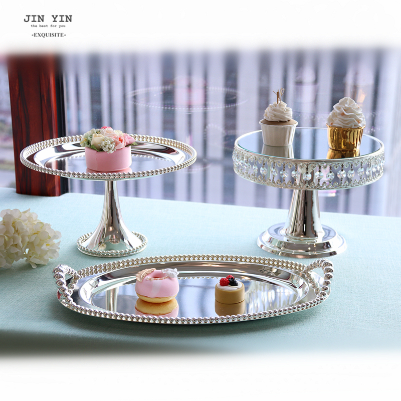 High-End Dessert Table Set, Crystal Mirror Cake Plate, High-End Wedding Pastry Tea Break Decorations, Silver Series