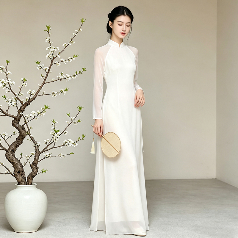 Zen-Inspired Tea Dress, New Chinese-Style Dress, Slim Fit, Stand-Up Collar, Ethereal White Ao Dai Cheongsam, Chinese Style, Buddhist Zen Clothing for Women Zen-Inspired Tea Dress, New Chinese-Style Dress, Slim Fit, Stand-Up Collar, Ethereal White Ao Dai Cheongsam, Chinese Style, Buddhist Zen Clothing for Women